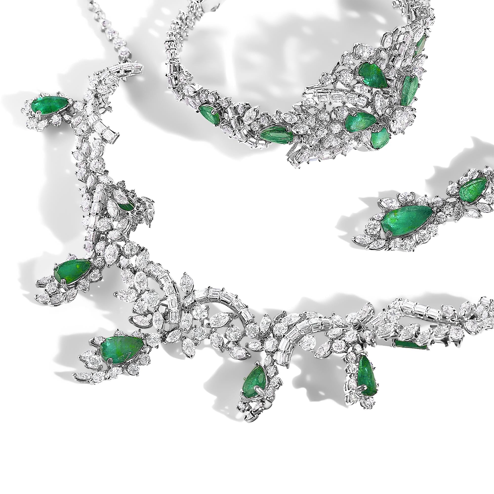 Certified Platinum 38.0 Cttw Diamond and 19 3/4 Cttw Brazilian Green Emerald Necklace, Bracelet & Earrings Three-Piece Set-0