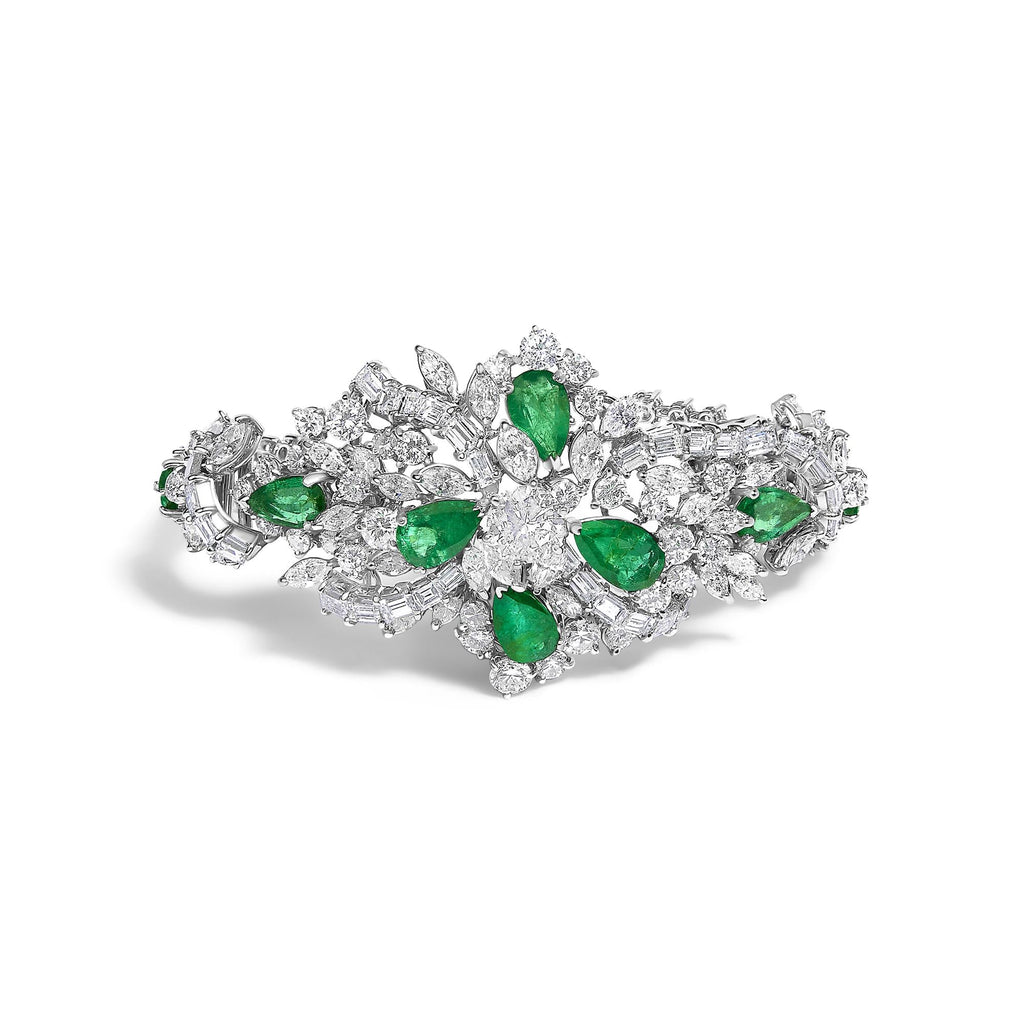 Certified Platinum 38.0 Cttw Diamond and 19 3/4 Cttw Brazilian Green Emerald Necklace, Bracelet & Earrings Three-Piece Set-1