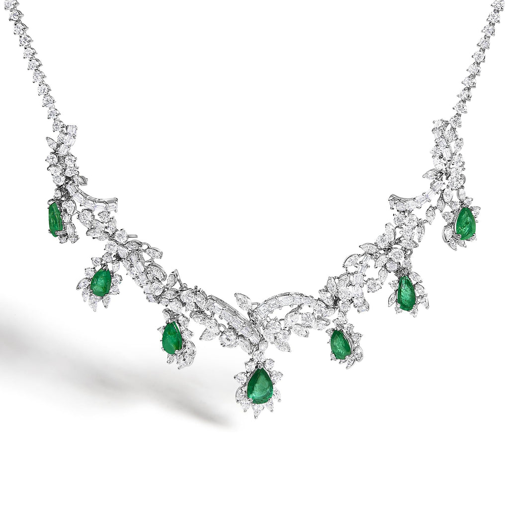 Certified Platinum 38.0 Cttw Diamond and 19 3/4 Cttw Brazilian Green Emerald Necklace, Bracelet & Earrings Three-Piece Set-3
