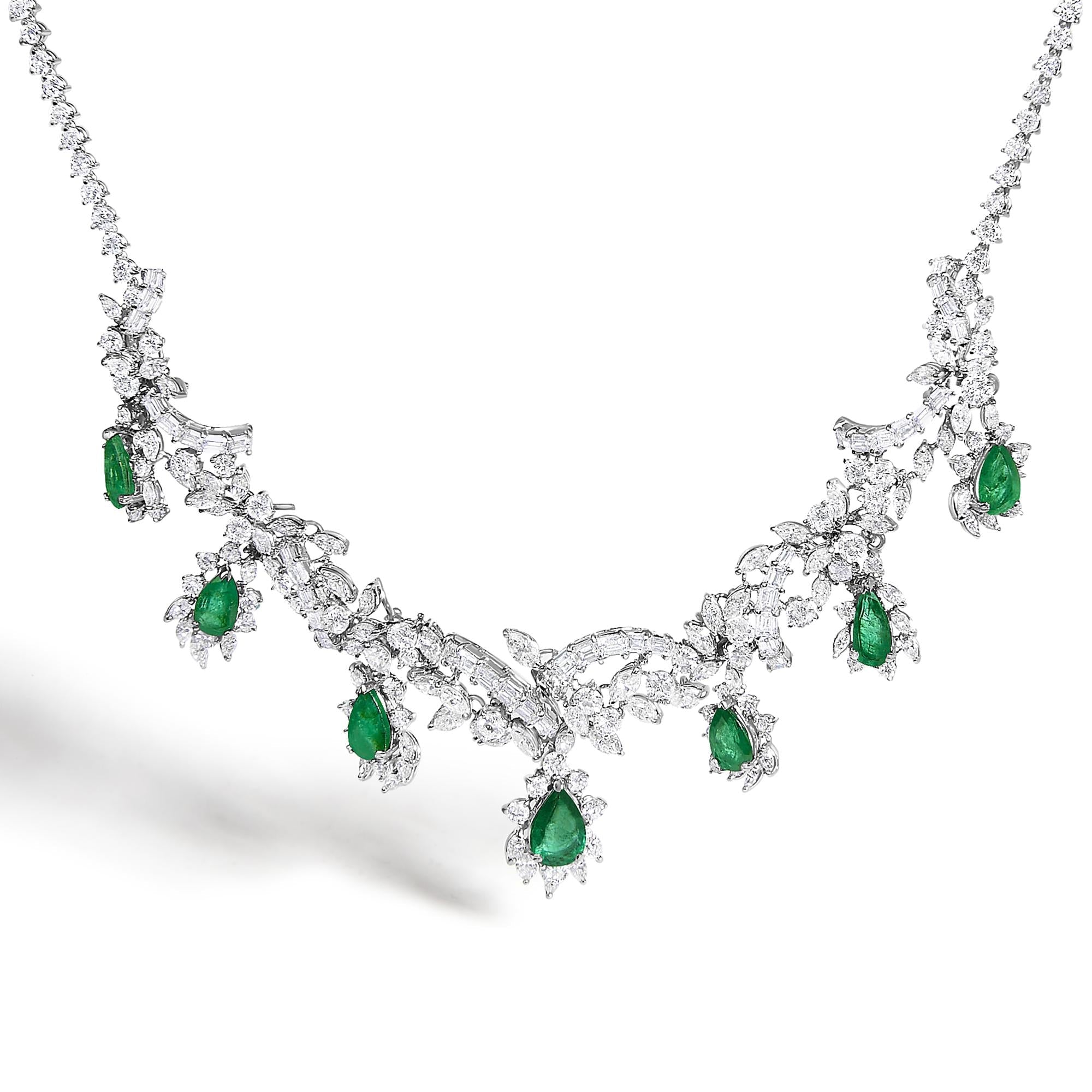 Certified Platinum 38.0 Cttw Diamond and 19 3/4 Cttw Brazilian Green Emerald Necklace, Bracelet & Earrings Three-Piece Set-3