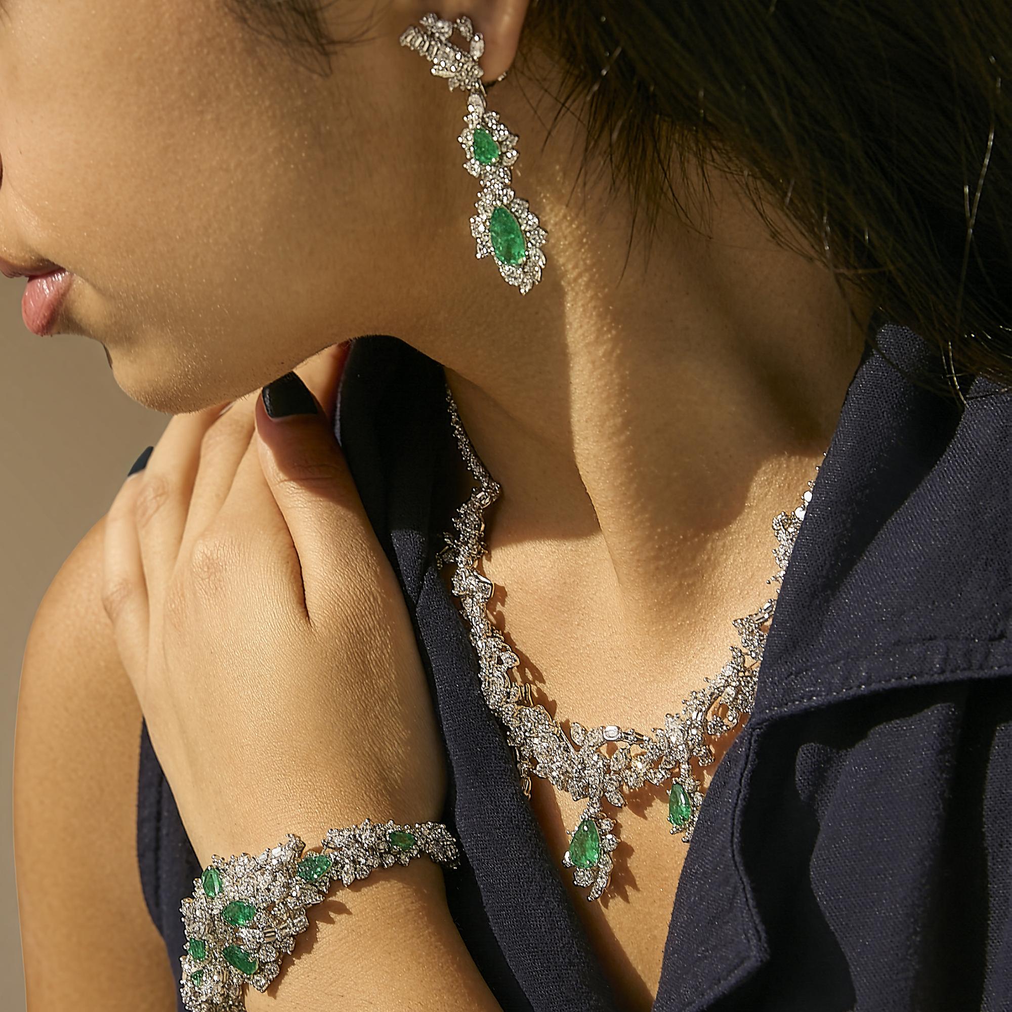 Certified Platinum 38.0 Cttw Diamond and 19 3/4 Cttw Brazilian Green Emerald Necklace, Bracelet & Earrings Three-Piece Set-2