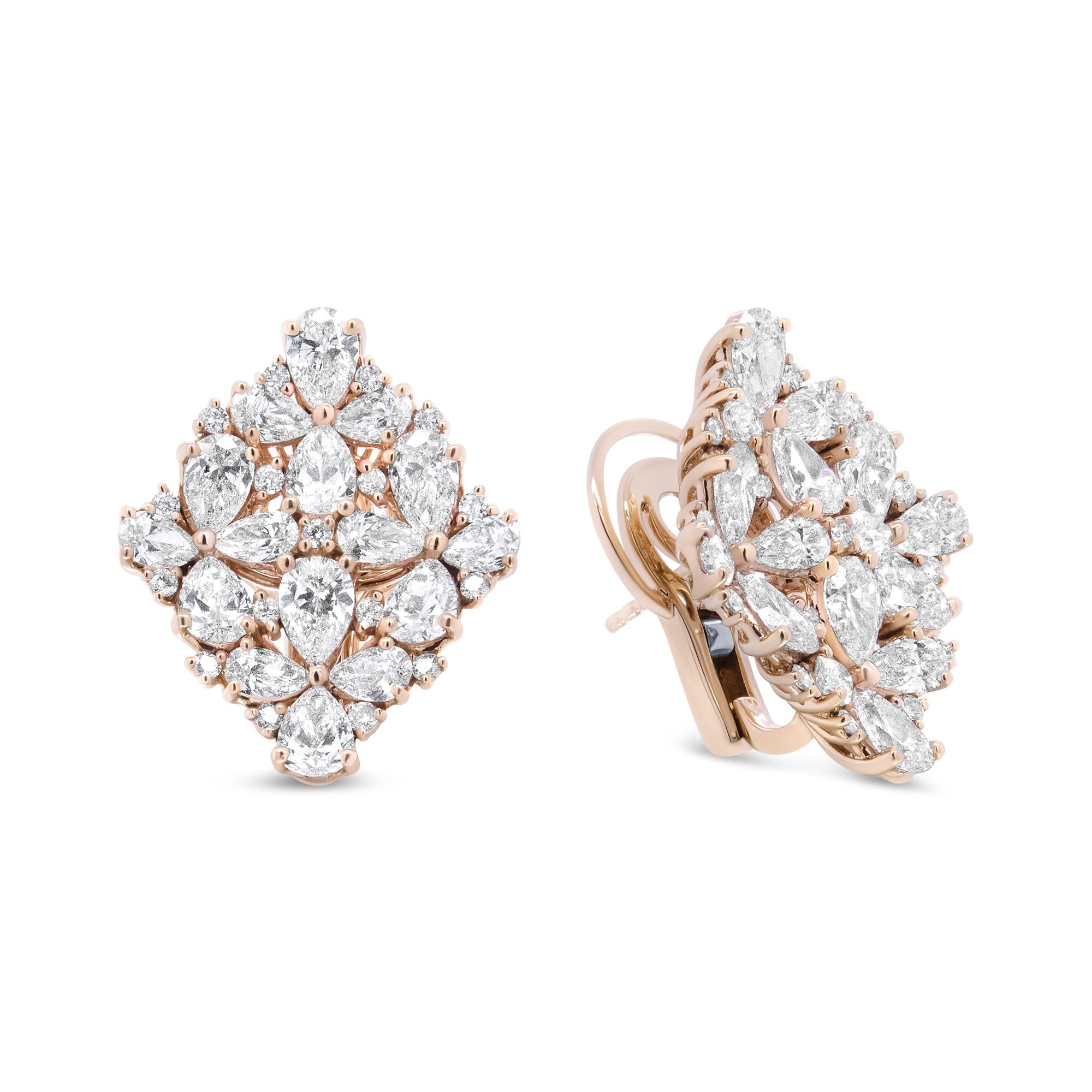 18K Rose Gold 8 1/3 Cttw Pear and Round Diamond Floral Cluster Omega Earrings (F-G Color, VS1-VS2 Clarity)-3