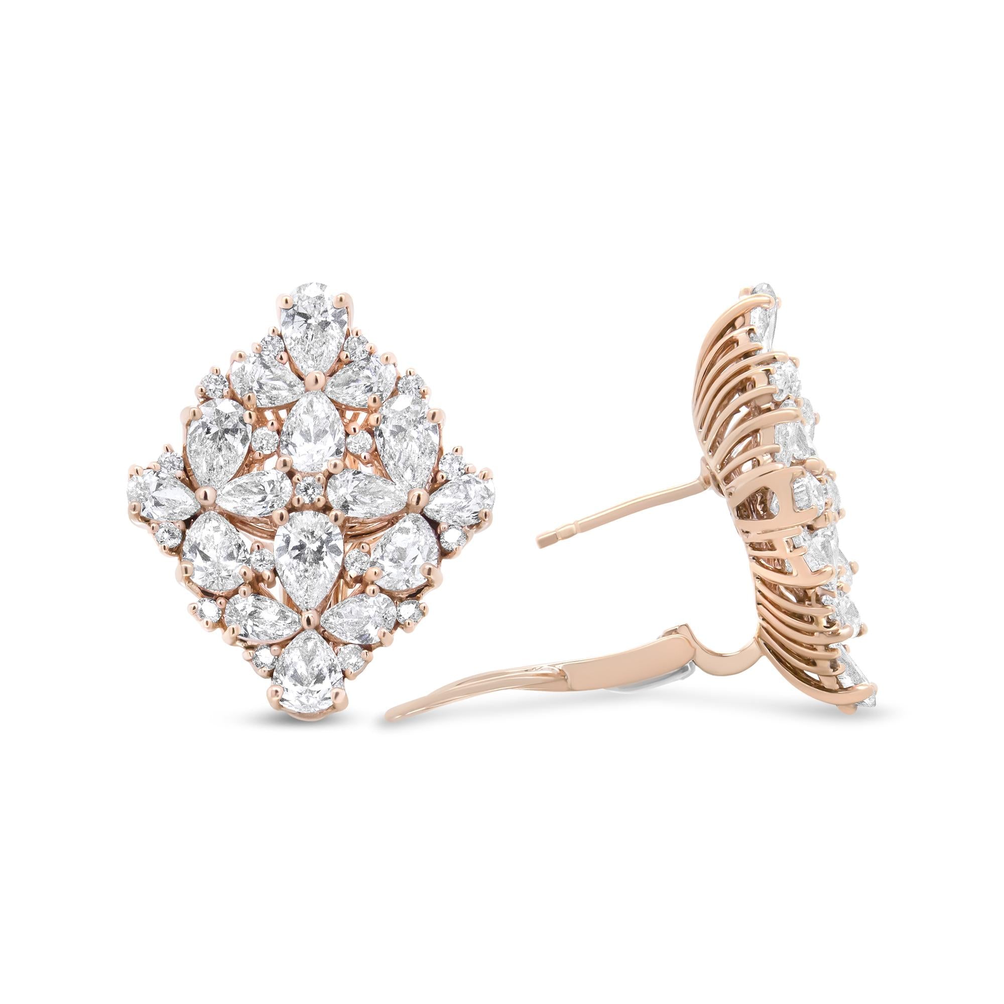 18K Rose Gold 8 1/3 Cttw Pear and Round Diamond Floral Cluster Omega Earrings (F-G Color, VS1-VS2 Clarity)-4